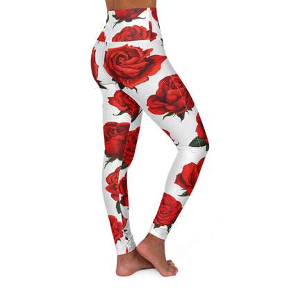 Rose Work / red High Waisted Yoga Leggings (AOP)