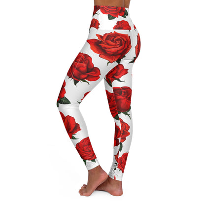 Rose Work / red High Waisted Yoga Leggings (AOP)