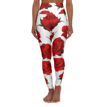 Rose Work / red High Waisted Yoga Leggings (AOP)