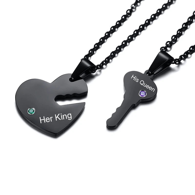 Personalized Key Heart Puzzle Necklace, Name Engraved Necklace