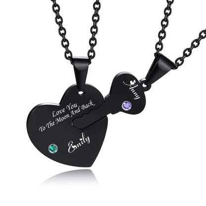 Personalized Key Heart Puzzle Necklace, Name Engraved Necklace