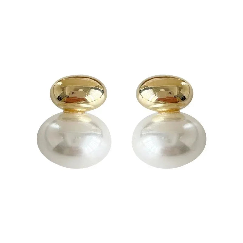 New French Elegant Gold Color Bean Spliced Flat Pearl Earrings