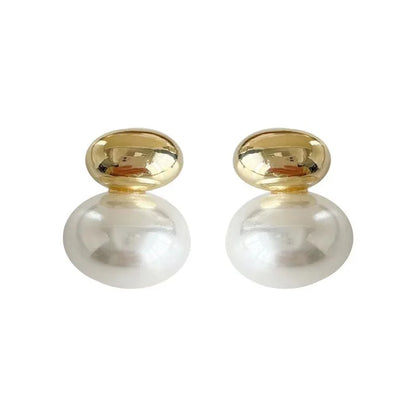 New French Elegant Gold Color Bean Spliced Flat Pearl Earrings