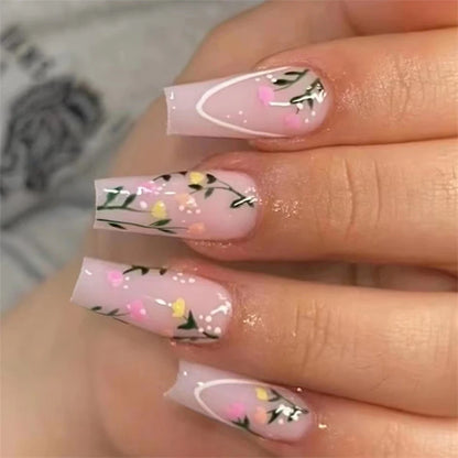 24Ps/Set Square Head Coffin Wearing False Nails Art Pink Matte French Fake Nails Leopard Artificial Acrylic White Press on Nails