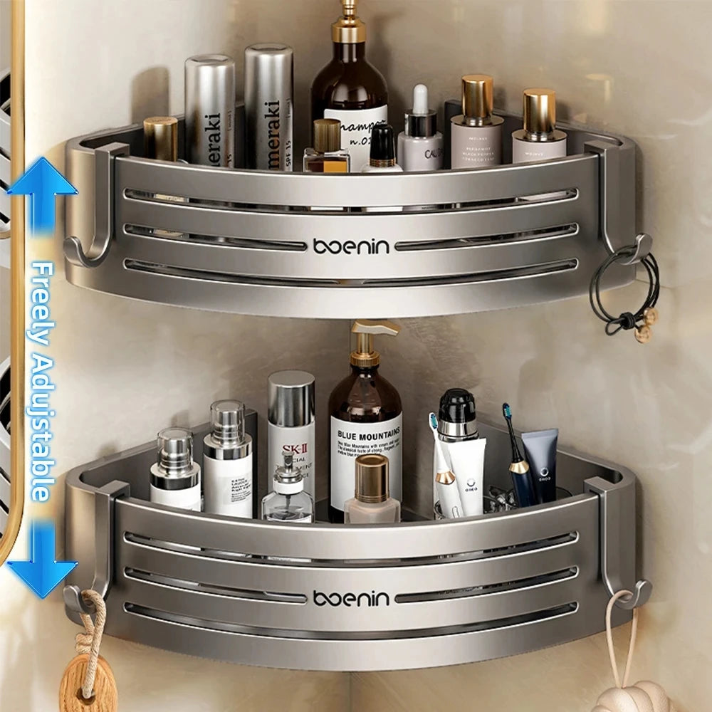 Wall Mounted Bathroom Shelves Shower Corner Shelf with Towel Bar Hook Space Aluminum