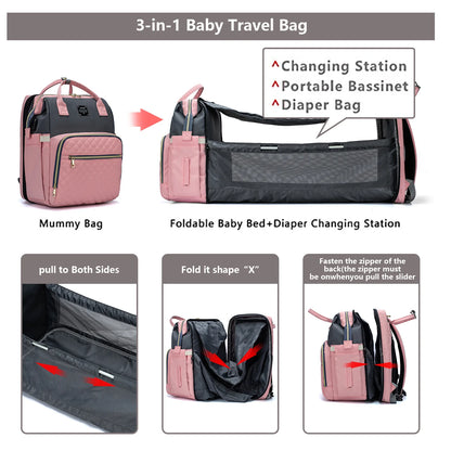 Lequeen Diaper Bag Backpack 3 In 1 USB Stroller Crib Foldable Sleeping Bed with Hook Maternity