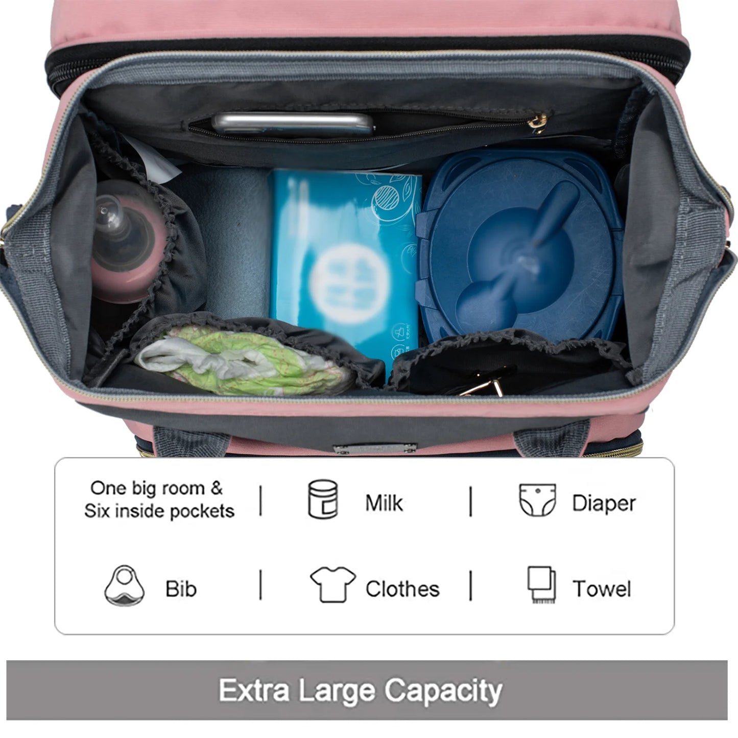 Lequeen Diaper Bag Backpack 3 In 1 USB Stroller Crib Foldable Sleeping Bed with Hook Maternity