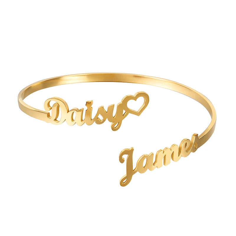 Customized 2 Names Bracelet Personalized Custom Charm Gold Silver Color Bangle for Women Couple Stainless Steel Jewelry Gift