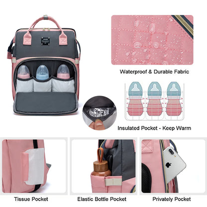 Lequeen Diaper Bag Backpack 3 In 1 USB Stroller Crib Foldable Sleeping Bed with Hook Maternity