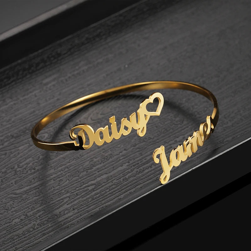 Customized 2 Names Bracelet Personalized Custom Charm Gold Silver Color Bangle for Women Couple Stainless Steel Jewelry Gift