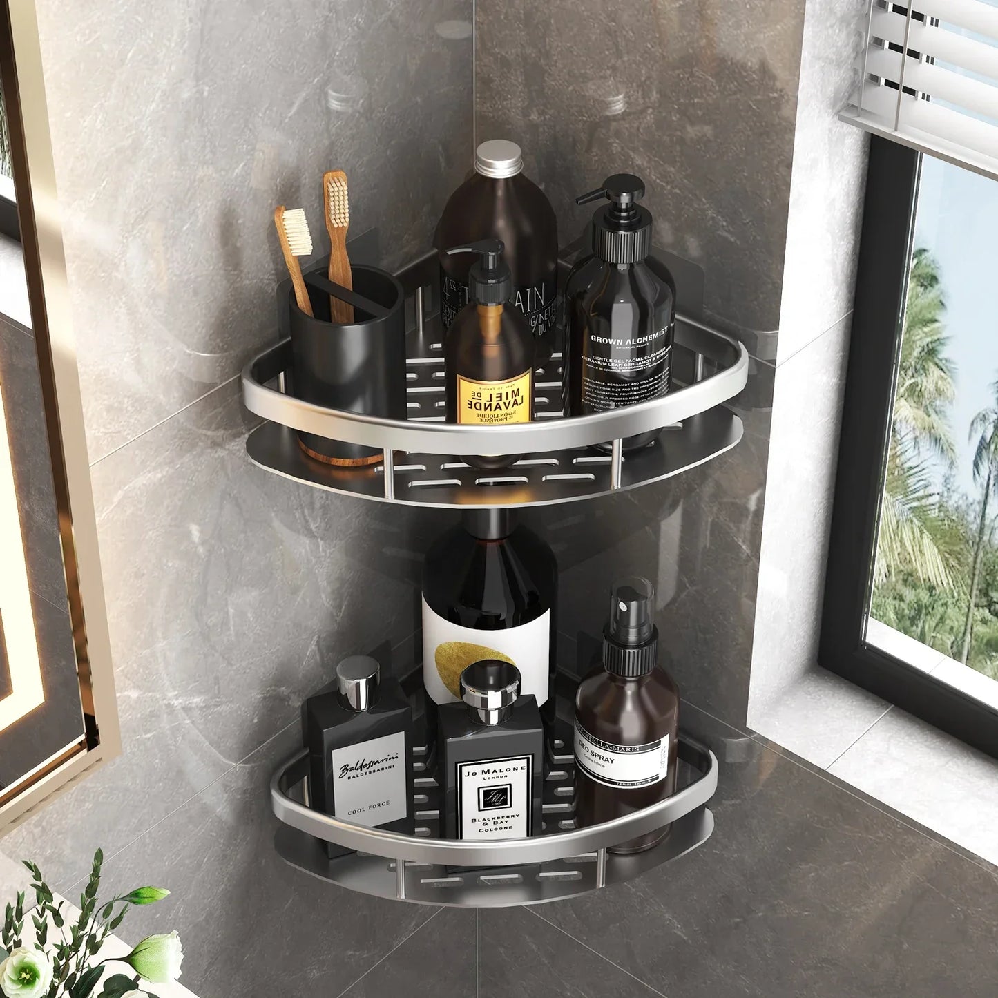 Bathroom Shelf Kitchen Storage Organizer Aluminum Alloy Shampoo Rack Shower  No Drill Shelf