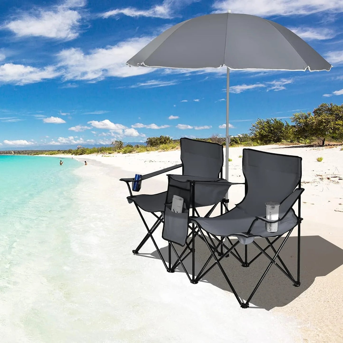 Folding Picnic Double Chair W/Umbrella Table Cooler Beach  Chair