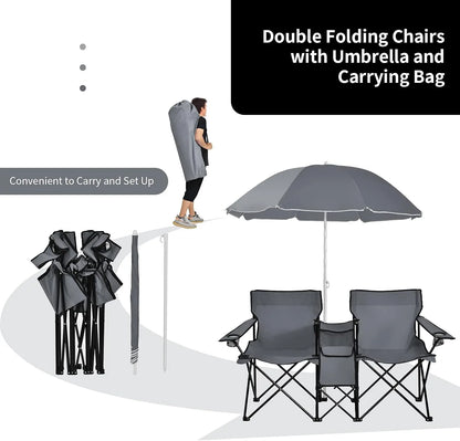 Folding Picnic Double Chair W/Umbrella Table Cooler Beach  Chair