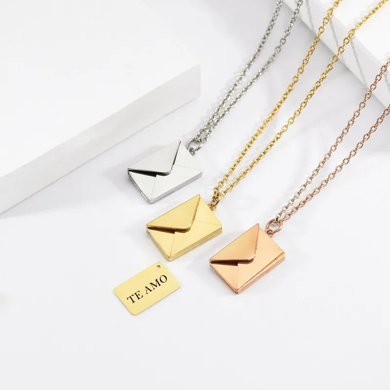 Personalized Letter Envelope Necklace Stainless Steel Locket Jewelry Secret Love Note Pendant Customized Engraved Note for Women