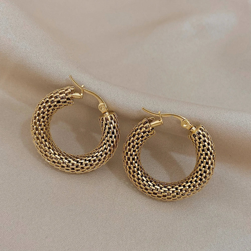 Stainless Steel Gold Color Geometric Metal Mesh Earrings For Women Girls New Trend Hoop Ear Jewelry Gift