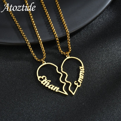 Atoztide Custom 1 Pair Name Necklace Stainless Steel for Couple Love Nameplate Pendants Personalized Memorial Day Jewelry Gift