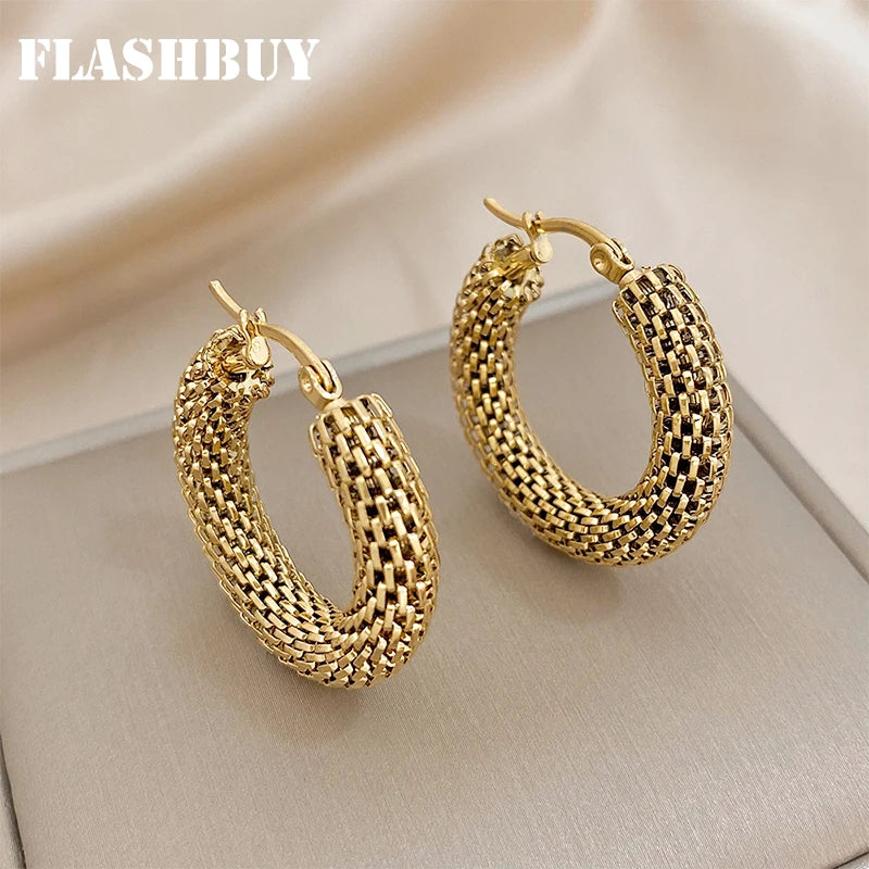 Stainless Steel Gold Color Geometric Metal Mesh Earrings For Women Girls New Trend Hoop Ear Jewelry Gift