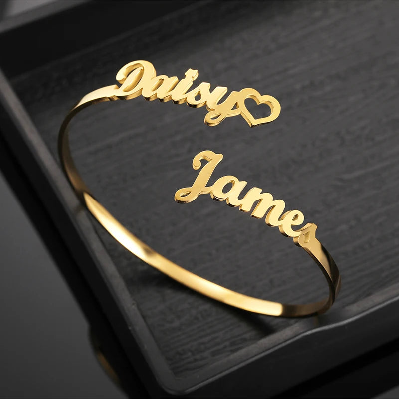 Customized 2 Names Bracelet Personalized Custom Charm Gold Silver Color Bangle for Women Couple Stainless Steel Jewelry Gift